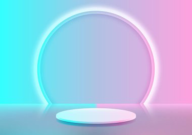 3D gerçekçi mavi ve pembe podyum sehpası daire şeklinde, neon ışık arkaplanı minimum duvar manzaralı. Ürün sunumu, kozmetik ekran güzellik modeli, vitrin vs. için kullanabilirsiniz. Vektör illüstrasyonu