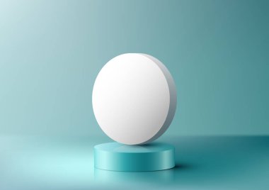 Mavi arka planda en az duvar görüntüsü gösteren beyaz daire ürünü ile 3D gerçekçi, mavi turkuaz turkuaz podyum standı. Kozmetik modelleme sunumu, tanıtım satışı ve pazarlama vesaire için kullanabilirsiniz, Vektör illüstrasyonu