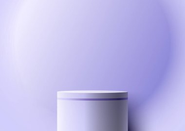 3D realistic empty purple podium pedestal stand with circle backdrop minimal wall scene background. You can use for product presentation, cosmetic display beauty mockup, showcase, etc. Vector illustration