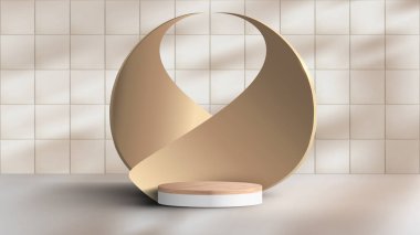 3D gerçekçi lüks stil boş ahşap tahıl beyaz podyum sehpası üzerinde altın spiral arka plan ve yaprak gölgesi ışığı. Ürün sunumu, kozmetik ekran modeli, vitrin vs. için kullanabilirsiniz. Vektör illüstrasyonu