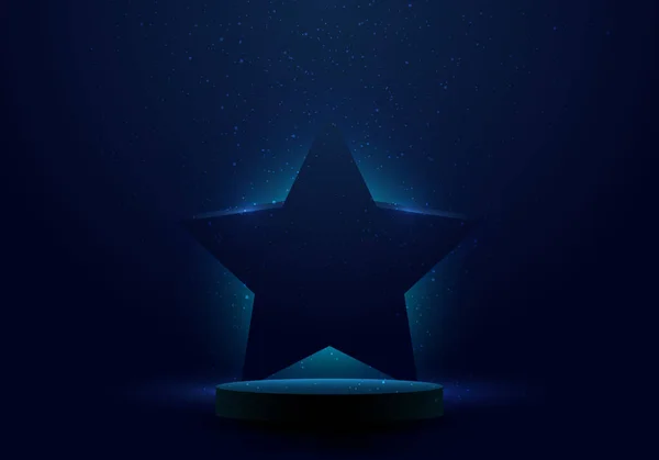 Ρεαλιστικό Κενό Μαύρο Βάθρο Κύλινδρο Βάθρο Περίπτερο Μπλε Αστέρι Βραβείο — Διανυσματικό Αρχείο