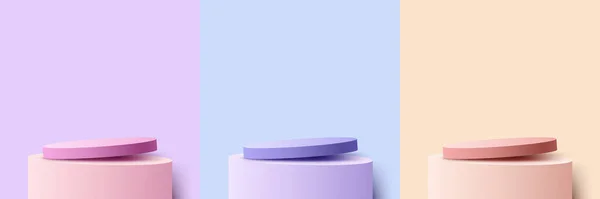 Set Realistic Pink Blue Yellow Podium Pedestal Stand Pastel Color — Archivo Imágenes Vectoriales