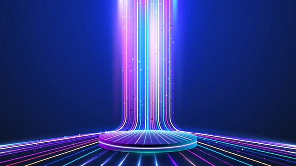 3Dリアルな技術デジタルサイバーパンクの表彰台は 暗い青の背景に照明効果の視点を持つ輝線ネオンの照明を表示します 5Gネットワーク高速インターネットワイヤレス ビッグデータ サイバー空間 ベクターイラスト — ストックベクタ