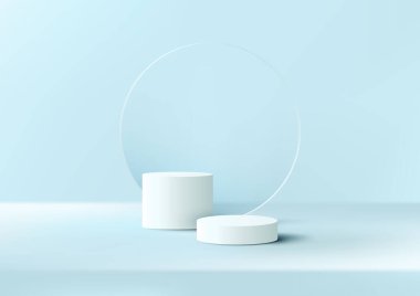 3D gerçekçi ürünler beyaz podyum kaidesi, şeffaflık çemberi cam zemin zeminiyle mavi arkaplanda minimal duvar sahnesi sergiliyor. Ürün sunumu, kozmetik ekran modeli, vitrin, medya afişi vs. için kullanabilirsiniz. Vektör illüstrasyonu