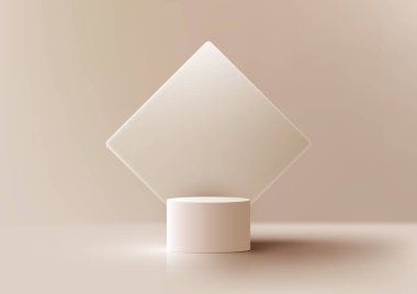 3D gerçekçi ürünler kahverengi arkaplanda en az kare arkaplan tarzıyla bej podyum ayakta kaidesi sergiliyor. Ürün sunumu, kozmetik ekran modeli, vitrin vs. için kullanabilirsiniz. Vektör illüstrasyonu