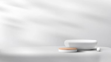 Üç boyutlu gerçekçi boş taş ve tahta tanecikli beyaz podyum kaidesi. Dekorasyonlu beyaz top ve yaprak gölgesi. Ürün sunumu, kozmetik ekran modeli, vitrin vs. için kullanabilirsiniz. Vektör illüstrasyonu