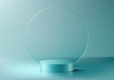 3D gerçekçi lüks stil mavi turkuaz silindir podyum dairesel şeffaf cam perde arkası ürün mavi arkaplanda minimal duvar sahnesi. Kozmetik modelleme sunumu, tanıtım satışı ve pazarlama vesaire için kullanabilirsiniz.