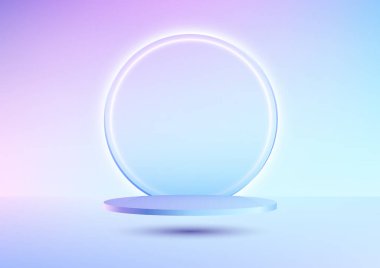 3D gerçekçi mavi ve pembe gradyan boş podyum havada daire şeklinde şeffaf camlar ve neon ışıklı arka plan çok az duvar arkaplanı ile süzülüyor. Kozmetik modelleme sunumu, ürün gösterimi, tanıtım satışı ve pazarlama için kullanabilirsiniz.,