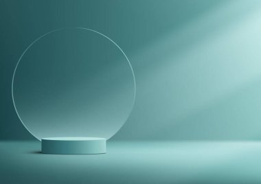 3D gerçekçi, boş mavi turkuaz podyum silindir ürün görüntüsü şeffaf cam zemin ve minimal sahne mavi arka planda ışıklandırma. Kozmetik modelleme sunumu, tanıtım satışı ve pazarlama gibi konularda kullanabilirsiniz.,