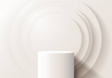 3D gerçekçi beyaz podyum silindir şekilli daire katman arkaplan ve ışıklandırma en az duvar sahnesinde temiz arkaplan. Kozmetik modelleme sunumu, tanıtım satışı ve pazarlama, ürün gösterimi vs. için kullanabilirsiniz. Vektör illüstrasyonu
