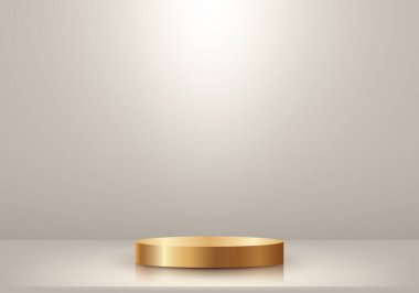 3D gerçekçi, lüks, boş, altın kürsü sehpası en az duvar sahnesi olan bej renkli stüdyo odası arka planında ışıklandırma. Kozmetik modelleme sunumu, tanıtım satışı ve pazarlama vesaire için kullanabilirsiniz, Vektör illüstrasyonu