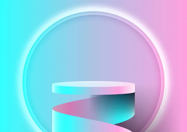 Realistic Blue Pink Podium Stand Circle Neon Light Backdrop Minimal — Stock Vector