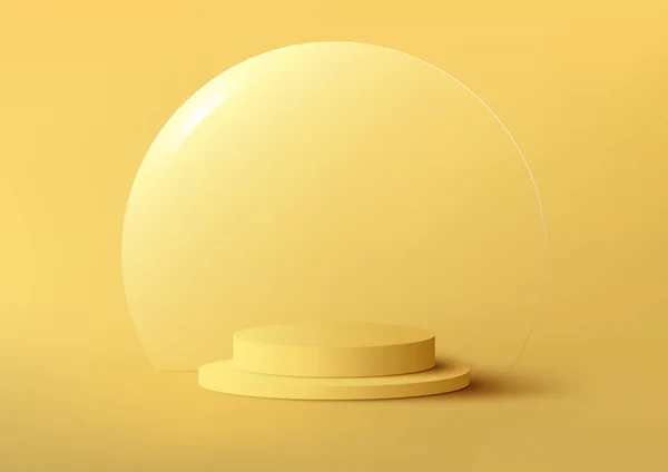 Realistischer Gelber Podiumsständer Mit Kreisförmigem Transparentem Glas Isoliert Minimalen Wandhintergrund — Stockvektor