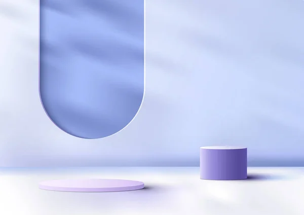 Реалістичні Продукти Відображають Фіолетову Подіумну Підставку Вікном Тіні Листя Мінімальному — стоковий вектор