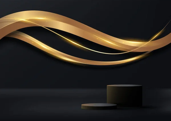 Realistische Leere Schwarze Zylinderpodestdekoration Mit Abstrakten Eleganten Formen Goldener Wellenlinien — Stockvektor
