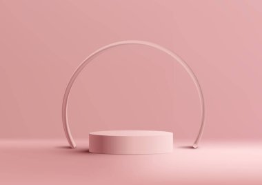 3D gerçekçi pembe kürsü arka planda daire çizgisi minimum duvar manzaralı pembe zemin. Ürün sunumu, kozmetik ekran güzellik modeli, vitrin vs. için kullanabilirsiniz. Vektör illüstrasyonu