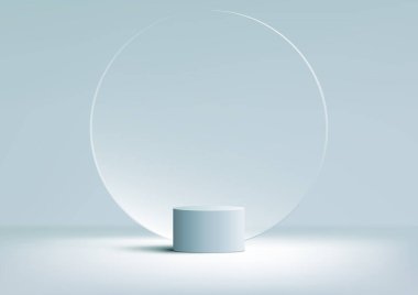 3D gerçekçi ürünler mavi podyum sehpası, şeffaflık çemberi cam zemin zeminiyle mavi arka planda minimal duvar sahnesi sergiliyor. Ürün sunumu, kozmetik ekran modeli, vitrin, medya afişi vs. için kullanabilirsiniz. Vektör illüstrasyonu