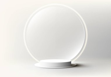 3D gerçekçi boş podyum standı ve şeffaf cam zemin ve neon yuvarlak ışıklandırma, temiz arka planda en az duvar sahnesi. Güzellik ve kaplıca ürün sunumu, kozmetik ekran modeli, vitrin vs. için kullanabilirsiniz. Vektör illüstrati