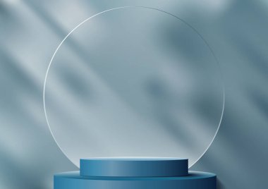 3D gerçekçi boş mavi silindir podyum ürün tanıtımı dairesel şeffaf cam zemin ve yaprak gölgesi açık mavi arkaplan. Kozmetik modelleme sunumu, tanıtım satışı ve pazarlama vesaire için kullanabilirsiniz, Vektör illüstrasyonu