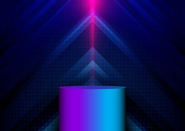 3D现实的霓虹灯彩色讲台 抽象的蓝色箭头闪烁着光芒 线条网格在蓝色背景技术高科技网络庞克风格 矢量说明 — 图库矢量图片