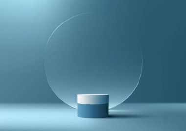 3D gerçekçi ürünler mavi arkaplanda şeffaflık çemberinin arka planında minimal duvar sahnesi olan boş mavi ve beyaz podyum standını gösteriyor. Ürün sunumu, kozmetik ekran modeli, vitrin, medya afişi vs. için kullanabilirsiniz. Vektör illüstrası