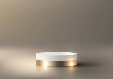 3D gerçekçi modern lüks stil stüdyo arka planında boş beyaz ve altın podyum. Ürün sunumu, güzellik kozmetik, vitrin, vs. için kullanabilirsiniz. Vektör illüstrasyonu