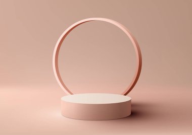 Kahverengi arka planda daire çerçeveli 3D gerçekçi modern bej podyum standı. Ürün sunumu, güzellik kozmetik, vitrin, vs. için kullanabilirsiniz. Vektör illüstrasyonu