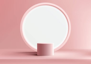3 boyutlu gerçekçi ürünler pembe podyum kaidesi, beyaz daire arkaplanı ve pembe arka planda en az duvar sahnesi sergiliyor. Ürün sunumu, kozmetik ekran modeli, vitrin, medya afişi vs. için kullanabilirsiniz. Vektör illüstrasyonu