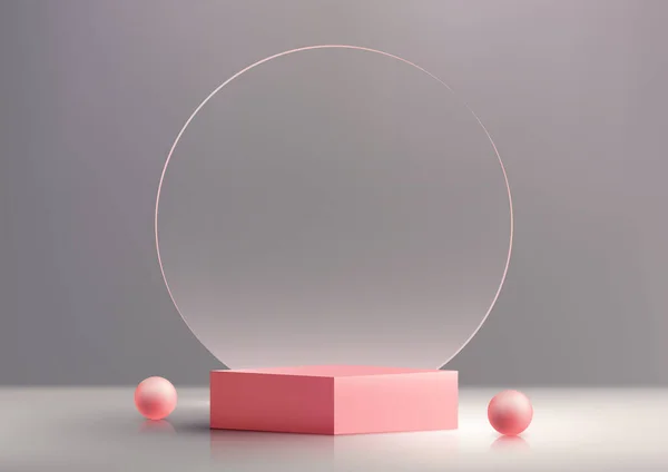 3D逼真的粉色讲台 透明的玻璃圆形背景装饰粉色球干净的背景现代简约风格 可用于产品展示 美容美发 展示等 矢量说明 — 图库矢量图片