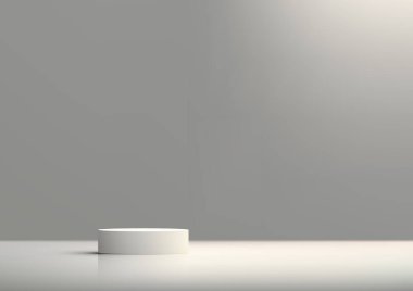 3D gerçekçi ürün, az duvar sahnesinde gri arka planda ışıklandırmayla boş beyaz podyum standı gösteriyor. Kozmetik modelleme sunumu, tanıtım satışı ve pazarlama vesaire için kullanabilirsiniz, Vektör illüstrasyonu