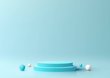 3D gerçekçi boş mavi podyum ürün dekorasyonu kürenin topları minimum mavi sahne arkaplanı ile. Kozmetik modelleme sunumu, tanıtım satışı ve pazarlama vesaire için kullanabilirsiniz, Vektör illüstrasyonu