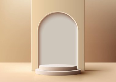 3D gerçekçi modern lüks tarzı boş bej podyum ve kahverengi arka planda yuvarlak kapı. Ürün sunumu, güzellik kozmetik, vitrin, vs. için kullanabilirsiniz. Vektör illüstrasyonu