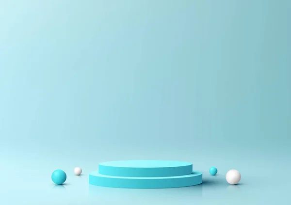 3D逼真的空蓝色平台产品展示装饰球最小壁面蓝色背景 您可以使用的化妆品模型演示 促销和营销等 病媒说明 — 图库矢量图片
