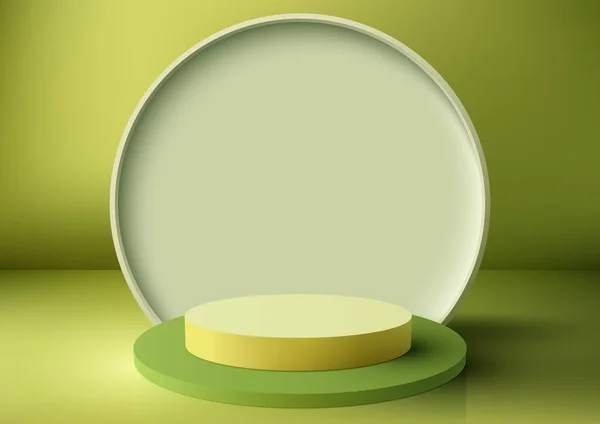 3D现实的产品展示绿色和黄色的讲台台阶与圆形背景最小的墙场景绿色背景 您可以用于产品展示 化妆品展示模型 媒体横幅等 矢量说明 — 图库矢量图片