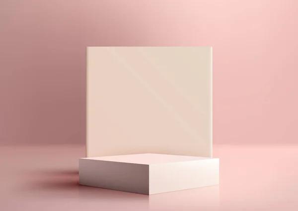 Realistische Producten Tonen Witte Podium Staan Met Vierkante Achtergrond Roze — Stockvector