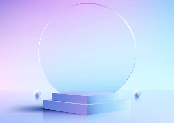 3Dリアルな青とピンクのグラデーション空の表彰台プラットフォームは 製品のディスプレイ装飾をステップ球ボールと透明なガラス円を背景に最小限の壁のシーンの背景 あなたは化粧品モックアッププレゼンテーション プロモーション販売と市場のために使用することができます — ストックベクタ