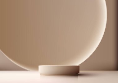 3D gerçekçi, modern tarz, kahverengi arka planda daire şeklinde, boş bej podyum. Ürün sunumu, güzellik kozmetik, vitrin, vs. için kullanabilirsiniz. Vektör illüstrasyonu