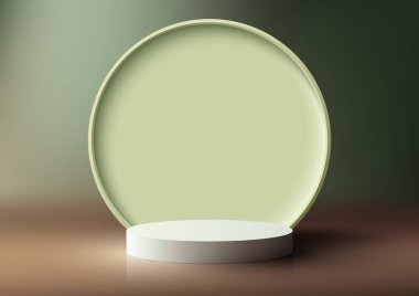 Yeşil arka plan ve doğal ışıklandırma üzerinde daire arkaplanı olan üç boyutlu gerçekçi boş beyaz podyum standı. Ürün sunumu, kozmetik ekran modeli, vitrin, medya afişi vs. için kullanabilirsiniz. Vektör illüstrasyonu
