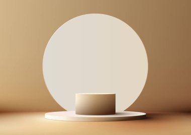 3D gerçekçi modern stil, beyaz daire arkaplan arkaplanı olan boş kahverengi podyum standı bej arka planda asgari duvar sahnesi. Ürün sunumu, kozmetik ekran modeli, vitrin, medya afişi vs. için kullanabilirsiniz. Vektör illüstrasyonu