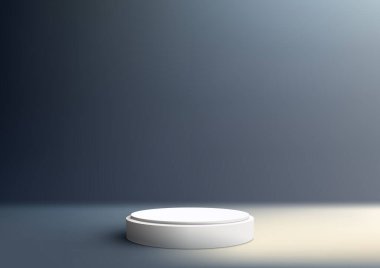 Gri arka planda beyaz kürsü stüdyo odası ışıklandırmalı. Ürün sunumu, güzellik kozmetik, vitrin, vs. için kullanabilirsiniz. Vektör illüstrasyonu