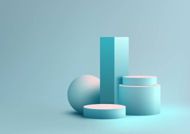 Açık mavi arkaplanda izole edilmiş geometrik elementlere sahip boş mavi podyum standından oluşan üç boyutlu gerçekçi bir grup. Ürün sunumu, kozmetik ekran modeli, vitrin, medya afişi vs. için kullanabilirsiniz. Vektör illüstrasyonu
