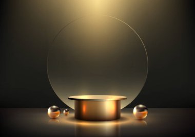 3D gerçekçi modern lüks podyum şeffaf cam zemin dekorasyonu ve siyah arka planda altın toplar ve ışıklandırma ile boş altın podyum. Ürün sunumu, güzellik kozmetik, vitrin, vs. için kullanabilirsiniz. Vektör illus