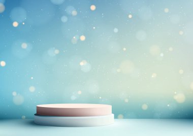 Bulanık bokeh ve mavi gökyüzü arkaplanı ve doğal ışıklandırma parçacıkları ile üç boyutlu gerçekçi boş mavi podyum standı. Ürün sunumu, kozmetik ekran modeli, vitrin, medya afişi vs. için kullanabilirsiniz. Vektör illüstrasyonu