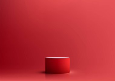 3D gerçekçi boş kırmızı podyum kaidesi kırmızı arkaplanda asgari duvar sahnesi. Ürün sunumu, kozmetik ekran modeli, vitrin, medya afişi vs. için kullanabilirsiniz. Vektör illüstrasyonu
