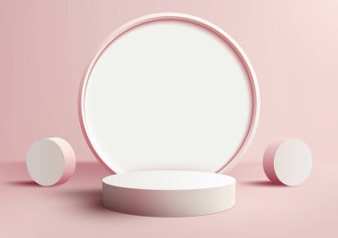 Pembe arka planda geometrik elementlerle daire dekorasyonlu üç boyutlu gerçekçi boş beyaz podyum kaidesi. Ürün sunumu, kozmetik ekran modeli, vitrin, medya afişi vs. için kullanabilirsiniz. Vektör illüstrasyonu
