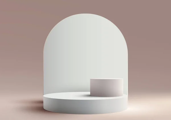 ベージュの背景に白い丸みを帯びた幾何学的背景を持つ3D現代的なスタイルの白い表彰台 製品表示用モックアップ 美容化粧品 ショーケースなどにご利用いただけます ベクターイラスト — ストックベクタ