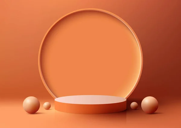 3D逼真的空橙色讲台 圆形背景 橙色背景装饰球体 您可以在展示 化妆品展示 美容美发等场合使用 矢量说明 — 图库矢量图片