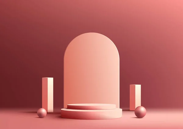 3D逼真的空粉色讲台站在粉色的背景装饰与圆形的背景几何元素和球体 您可以在展示 化妆品展示 美容美发等场合使用 矢量说明 — 图库矢量图片