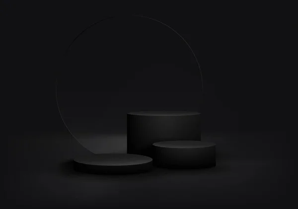 Realistische Gruppe Von Leeren Schwarzen Zylinderpodest Mit Transparentem Glaskreis Hintergrund — Stockvektor
