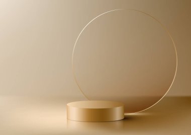 3D gerçekçi stil altın silindir podyum sehpası. Çemberin şeffaf cam arka plan ürünü altın arka planda en az duvar görüntüsü sergiliyor. Kozmetik modelleme sunumu, tanıtım satışı ve pazarlama vesaire için kullanabilirsiniz, Vektör illüstrasyonu